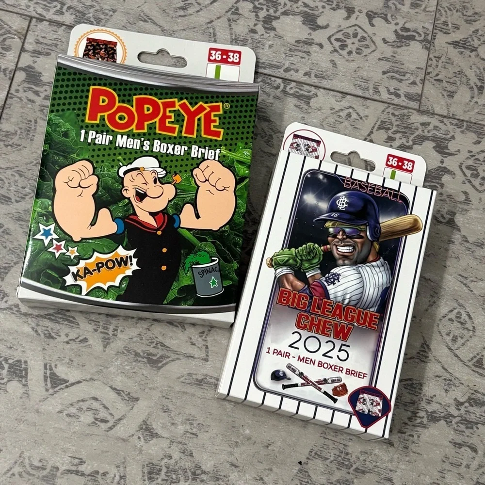 NEW | (2) Cartoon Boxer Brief Underwear | Popeye & Big League Chew Baseball | L